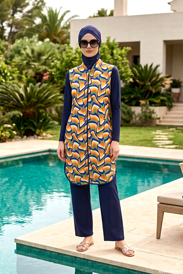 Body Covered Parachute Fabric Patterned Lycra Full Covered Hijab Swimsuit 1520 Orange