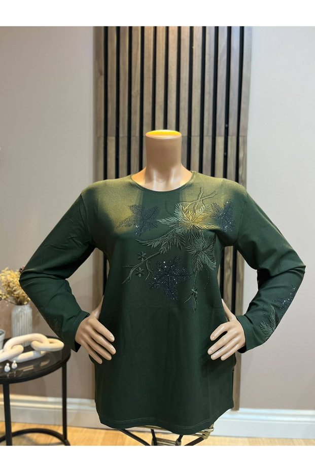 Women's Middle Age and Above Lavinia Floral Detailed Winter Mother's Combed Cotton Blouse