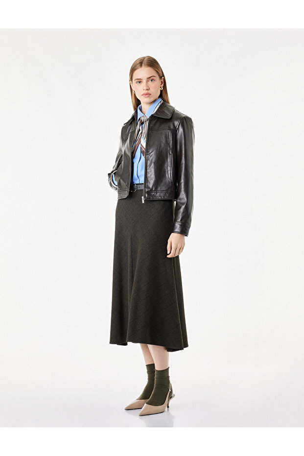 Viscose Blend Diamond Patterned Bell Cut Flared Midi Skirt