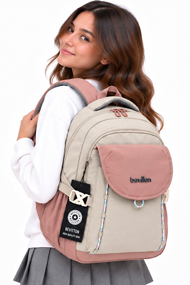 Water Resistant Fabric School Bag Unisex Daily School Backpack 2602 Beige-Powder