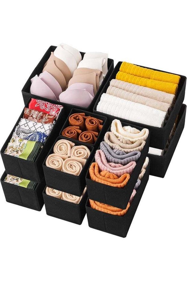 12 Pack Drawer Organizers for Clothing, Dresser Drawer Organizer Clothes, Fabric Foldable Closet Organizers and Storage Basket Bins for Clothes, Underwear, Bras, Socks (Black)