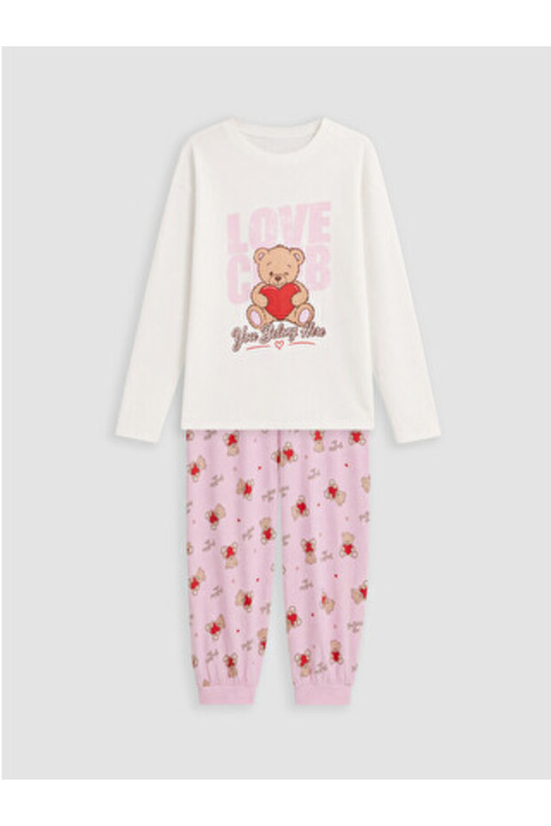 Ecru Crew Neck Girls' Pajama Set