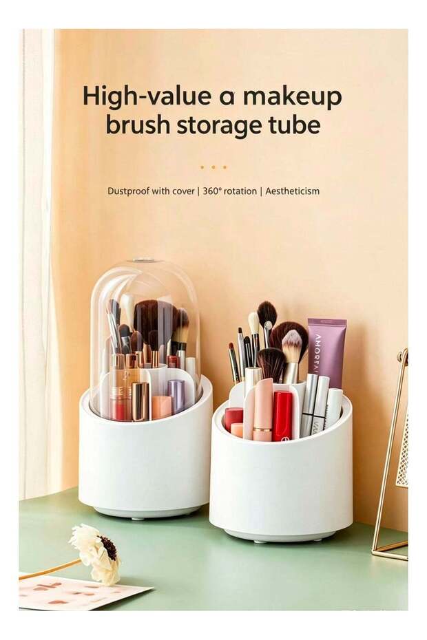 Makeup Brush Holder, Dustproof Organizer, Rotating Vanity Storage, Cosmetic Tools Case, High Aesthetic Makeup Caddy