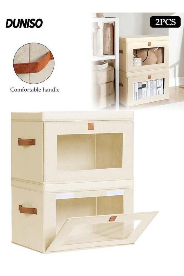 2 Pcs Storage Box,Foldable Clothes Organizer with Handles,Stackable & DustProof Closet Storage Bins with Visable Window,Storage Containers for Home and Office,42*30*28 cm