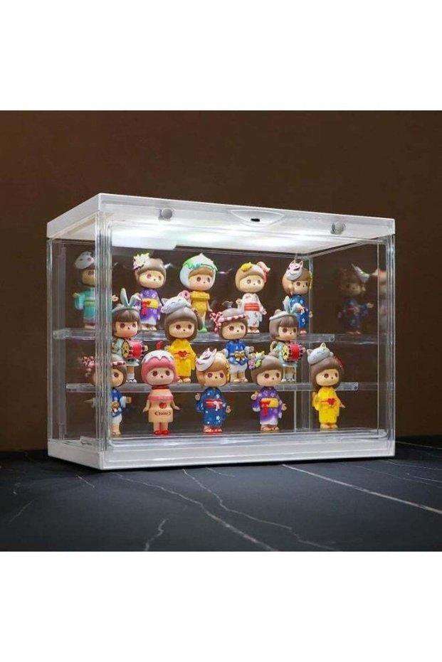 YOUWE7 Clear Display Case for Mini Action Figures and Minitoy, Stackable Showcase, Dustproof, Detachable Shelves, LED voice control sensor with light for Collectibles 30 cm x 17.5 cm x 23 cm