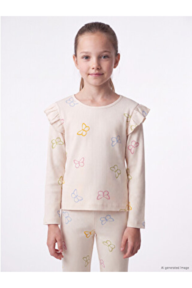 Ecru Crew Neck Ruffled Girls' T-Shirt