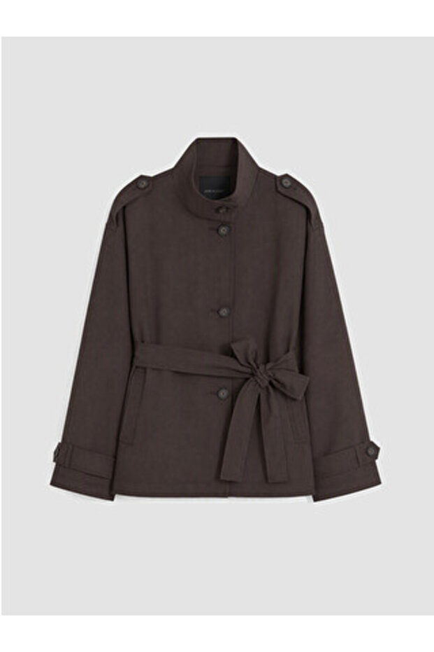 Brown Stand Collar Belted Oversize Women's Trench Coat