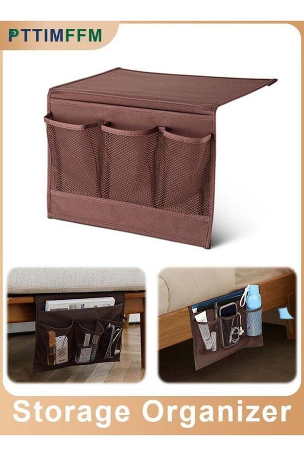 Bedside Caddy Organizer with 4 Pockets, Durable Oxford & Leather Sofa Armrest Storage Holder for Remote Controls, Phones, Tablets, Magazines