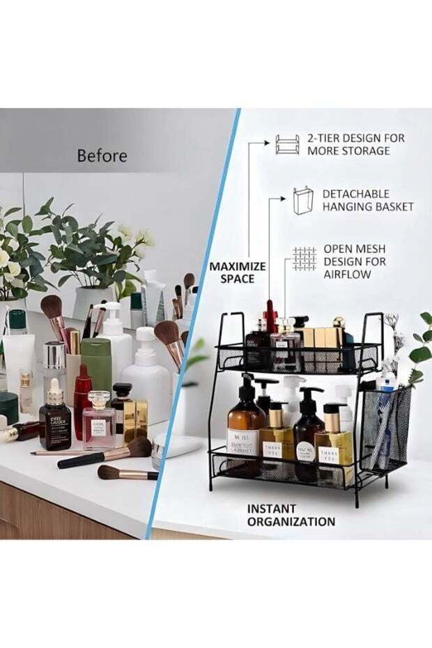 2-Tier Bathroom Countertop Organizer,Skincare, Makeup Countertop Organizers, Kitchen, Bathroom Counter Storage with Small Basket (Black)