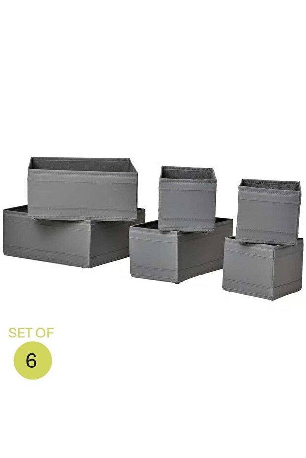 Storage Box Set of 6, Organise Socks, Belts, Jewellery, Wardrobe, Chest of Drawers, Fabric 100% Polyester, Grey