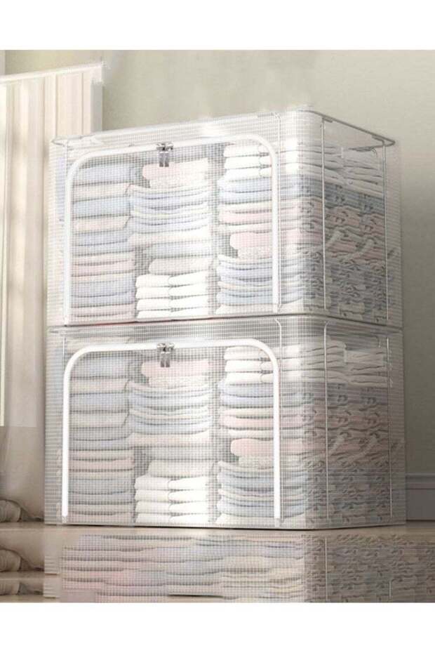 2 Pack Foldable Stackable Large Capacity Clear Clothes Storage, Drawer Storage Organizer, Closet Organizer Basket, Cloth Container Bins with Metal Frame Clear Window