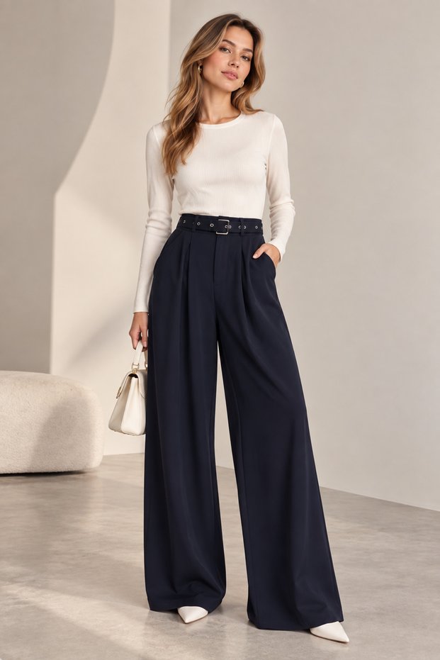 Women's Oysho Fabric High Waist Belt Detailed Wide Leg Pants Cty-Abr-2154
