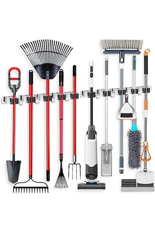 2 Pack Wall Mount Broom Holder Stainless Steel 5 Racks with 4 Hooks Broom Organizer Self Adhesive Heavy Duty Laundry Room, Garage Organization Storage