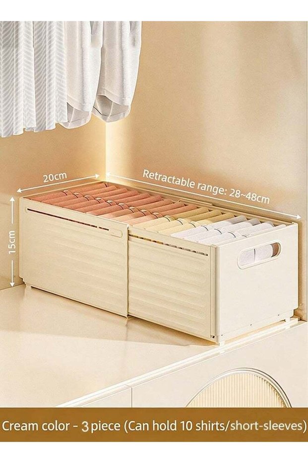 Set of 3 Stackable Foldable Slider Storage Box, Multipurpose Adjustable storage organizer for Home & Kitchen Accessories, cream