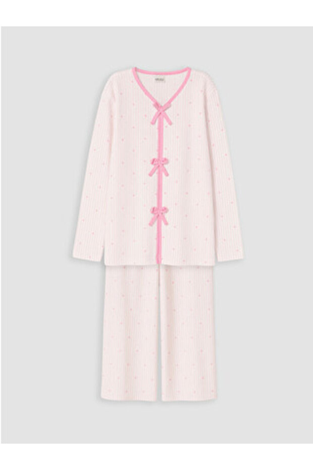 Ecru Bow Detailed Girls' Pajama Set
