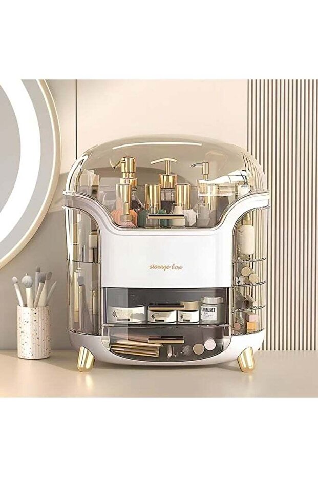 Elegant Makeup Organizer Dustproof And Waterproof Cosmetic Storage with Cover and Drawers Box For Organization, 30 x 20 x 34, Clear/Cream