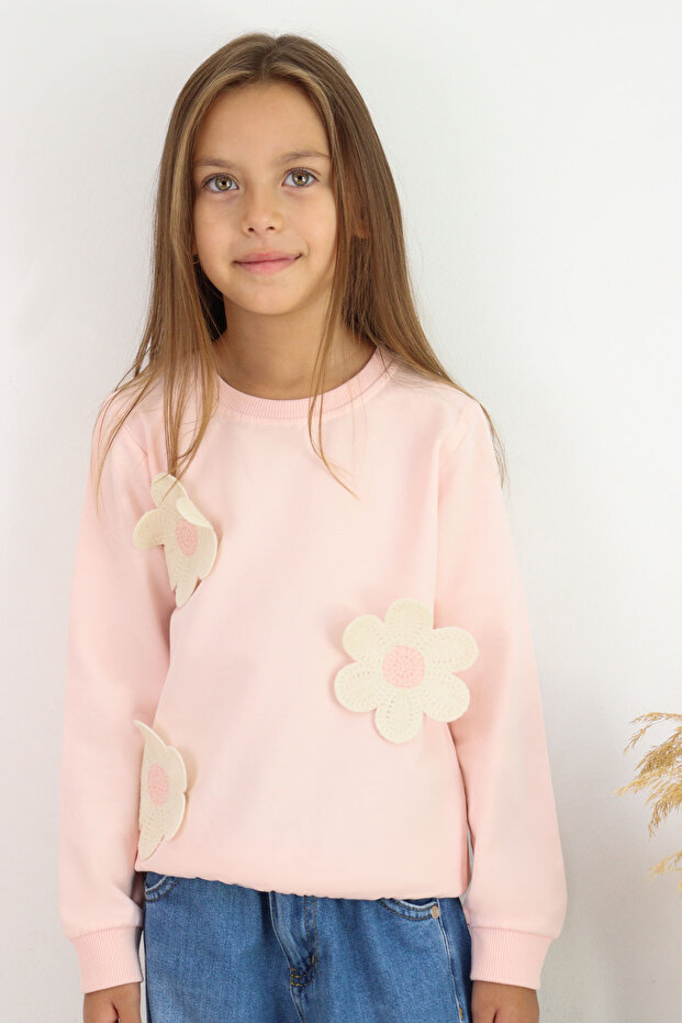 Girl's Sweatshirt Knitwear with Daisy Appliqué, Ages 4-8, Powder