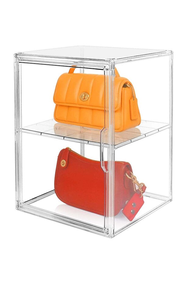 1 Pack XX-Large Clear Stackable Storage Bins with Magnetic Lid Handbag Display Case for Closet 2-Tier Acrylic Purse Organizer Dustproof Luxury Bag Container Box for Cosmetics Figures Makeup
