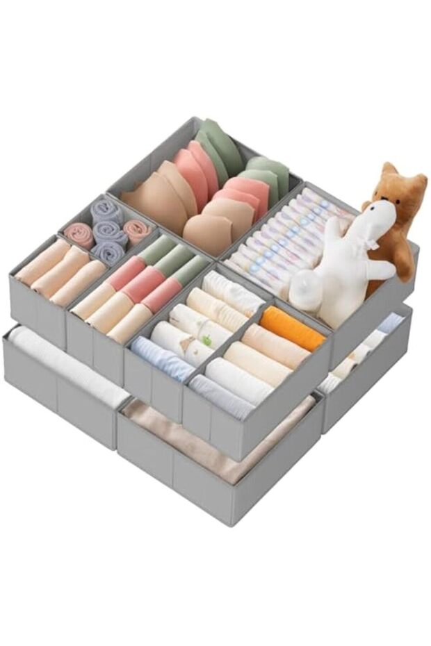 Drawer Organizer Clothes, 10 Pack Dresser Organizer for Baby Clothes, Underwear, Sock- Foldable Closet Organization and Storage Dividers Bins for Nursery, Bedroom (Grey)