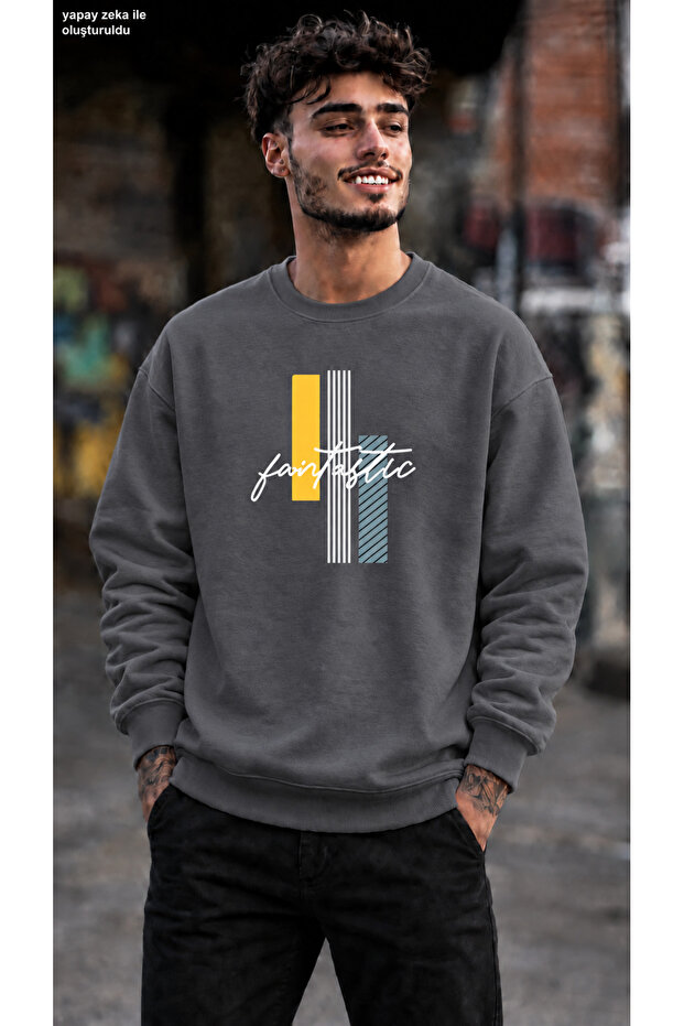 Men's Geometric Patterned and Fantastic Written Crew Neck Casual Regular Fit Sweatshirt