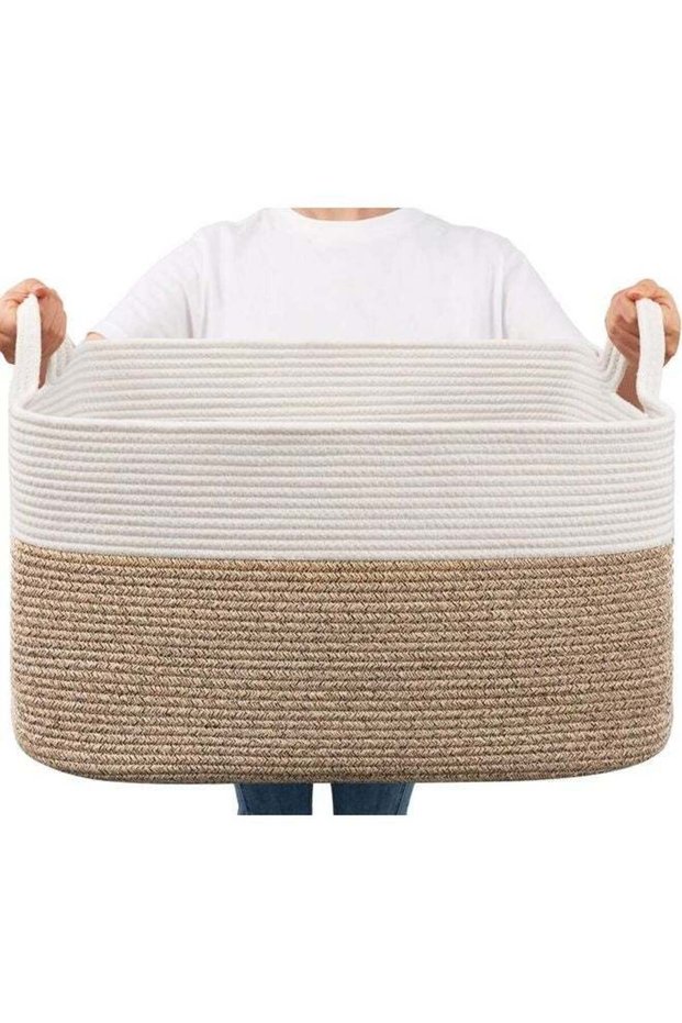 Large Woven Blanket Basket, 21.6" x 14.9" x 11.8" Storage Baskets for Organizing, Rectangle Cotton Rope Toy Basket for Living Room, Bedroom, White & Brown