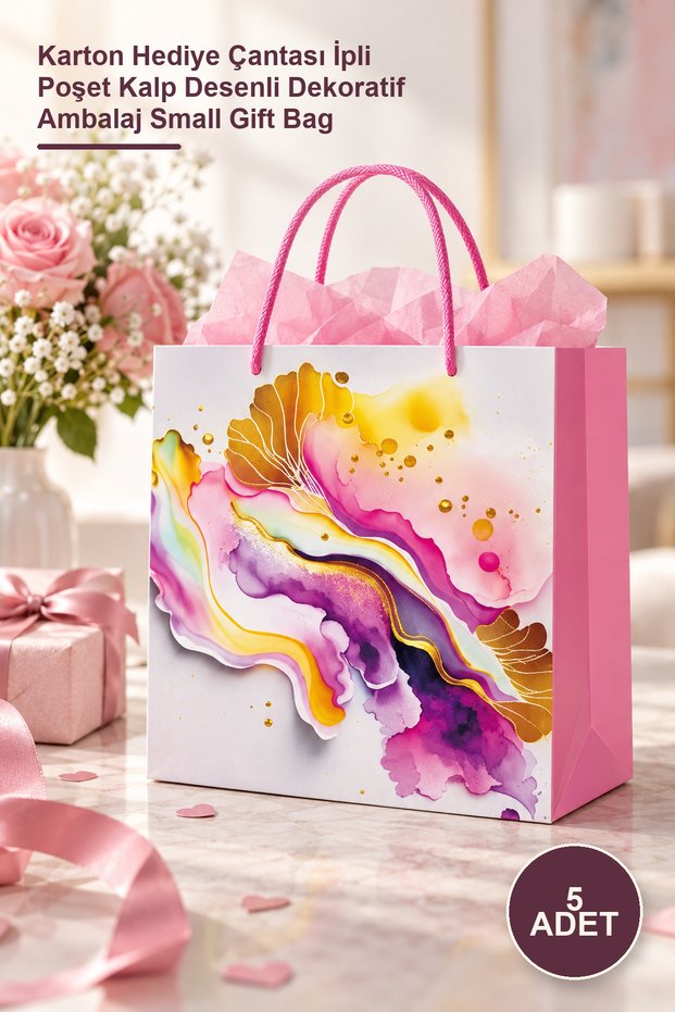 5 Pieces Small Size Drawstring Cardboard Bags – Cardboard Gift Bag Drawstring Pouch Heart Patterned Decorative Packaging Small Gift Bag