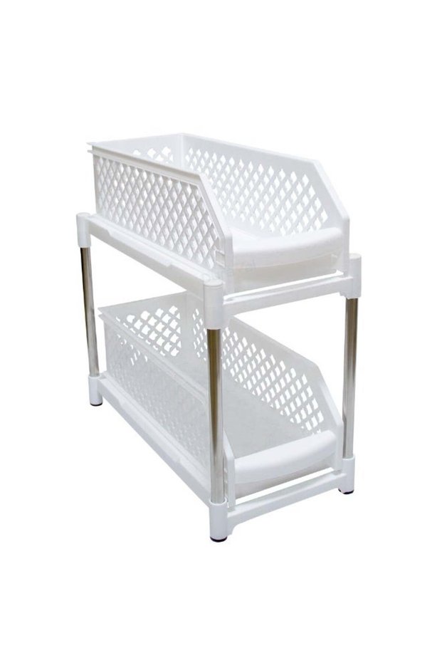 Duravel 2 Tier Sliding Shelves Portable Storage Organiser, White Plastic with Metal Legs, Stackable Pull Out Basket Rack