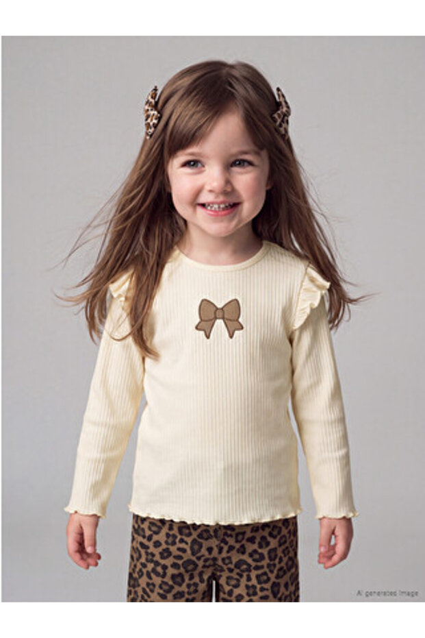 Ecru Ruffled Embroidered Baby Girl T-Shirt