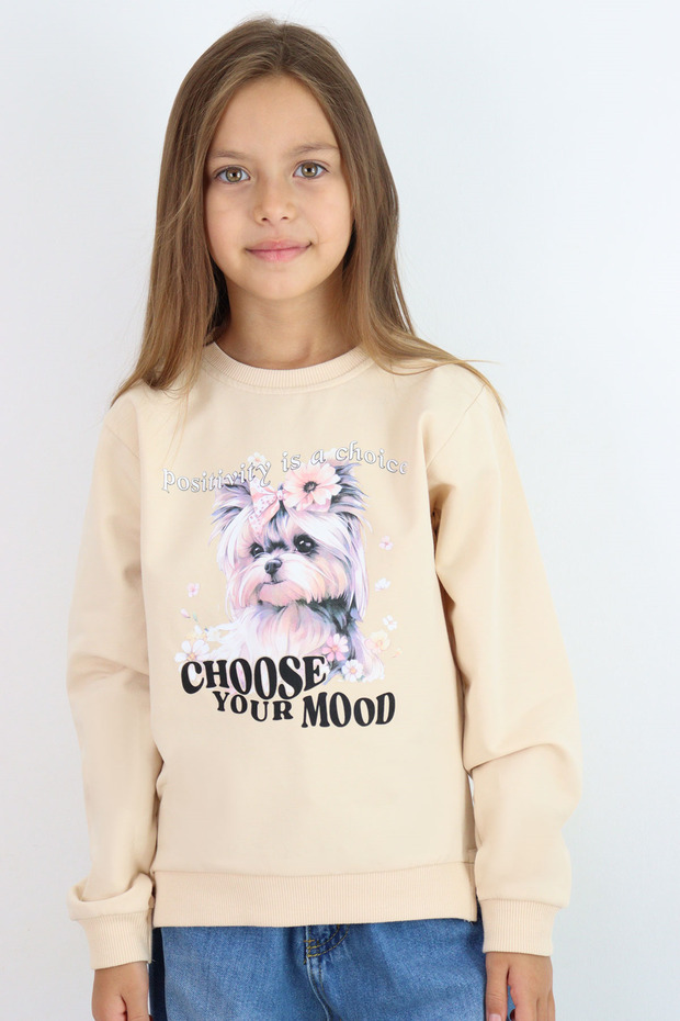 Girl's Sweatshirt with Cute Puppy Print and Bow, Lettering Print, Ages 3-8, Beige