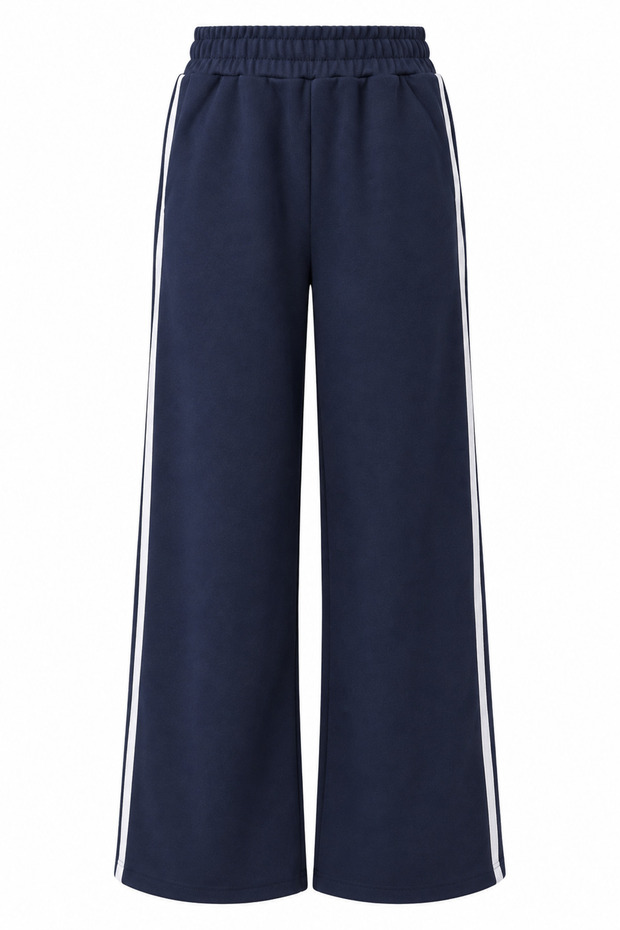 2251 Women's Wide Leg Pants with Side Stripes in 3 Yarns, Navy Blue