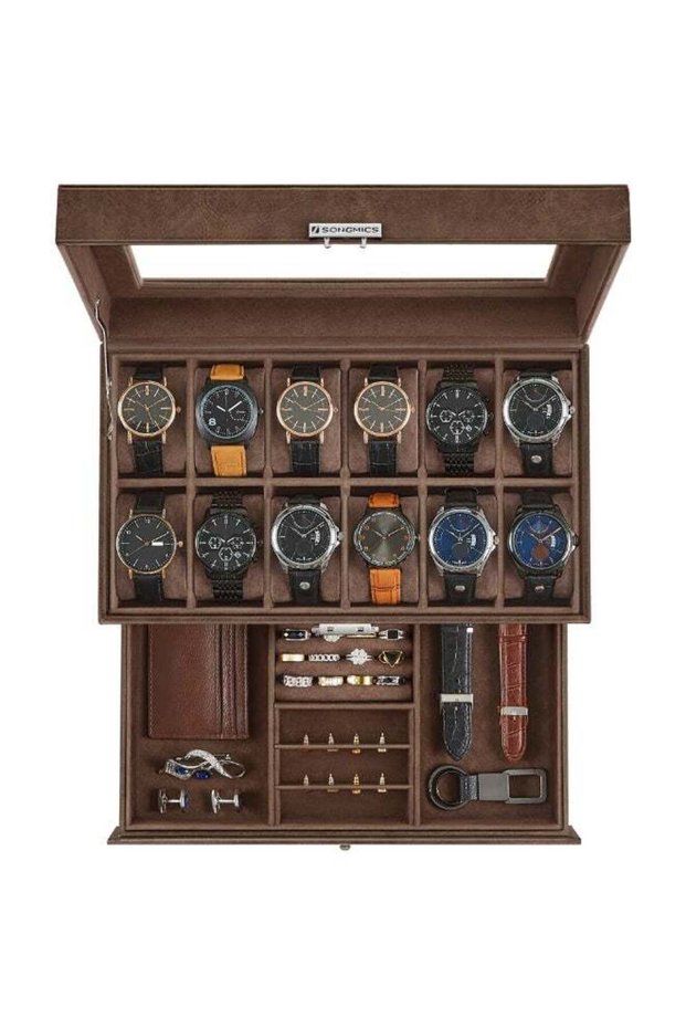 SONGMICS 12-Slot Watch Box, Lockable Watch Case with Glass Lid, 2 Layers, with 1 Drawer for Rings, Bracelets, Father's Day Gifts, Brown Synthetic Leather, Brown Lining