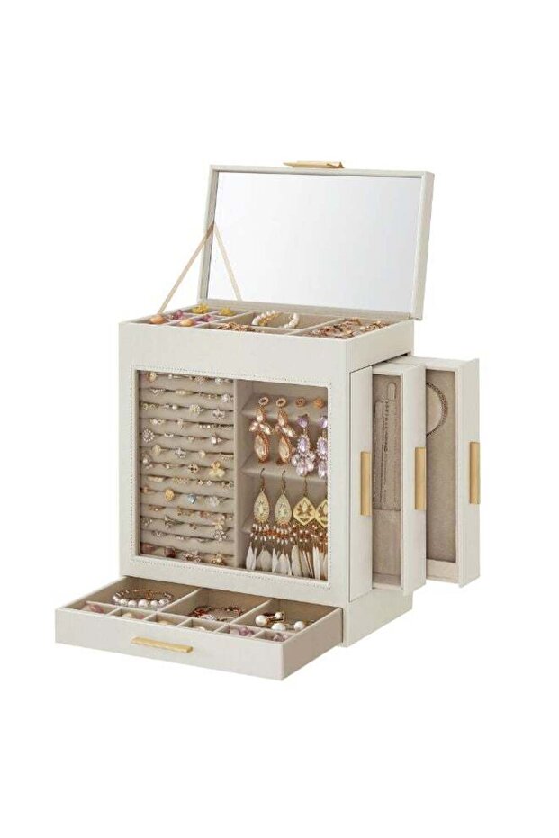SONGMICS Jewellery Box with Glass Window, 5-Layer Organiser with 3 Side Drawers, Vertical Storage Space, Big Mirror, Modern Style, Cloud White and Gold