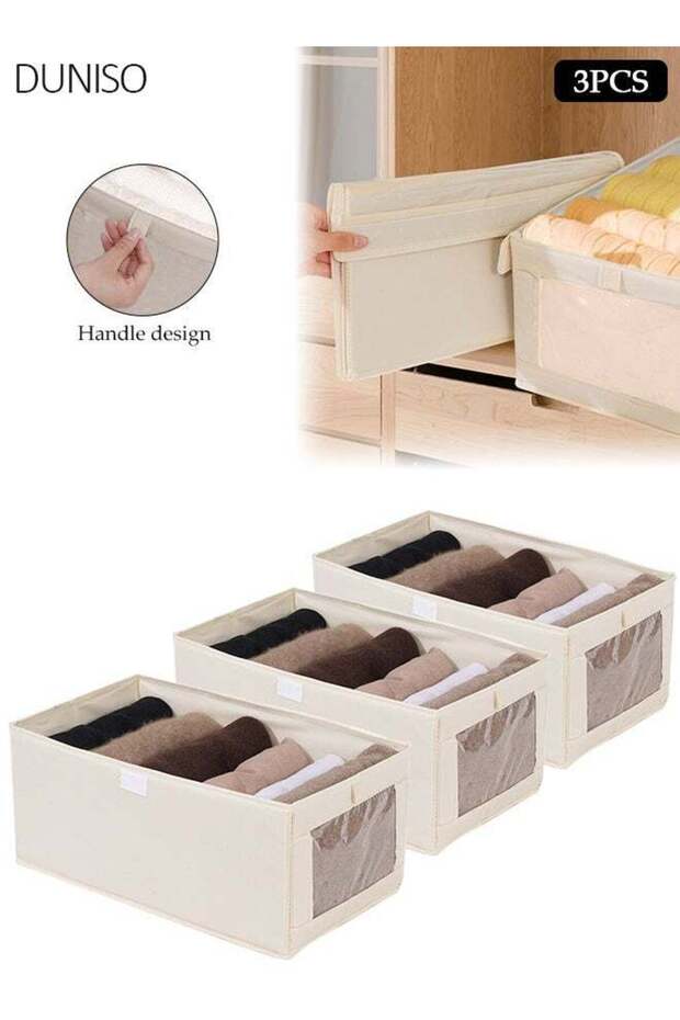 3 Pcs Wardrobe Clothes Organizer with Transparent dust cover ,Washable Cotton and Linen Stable Stacking Collapsible Basket with Transparent Window and Cover for Closet Organizers and Storage ,Efficie