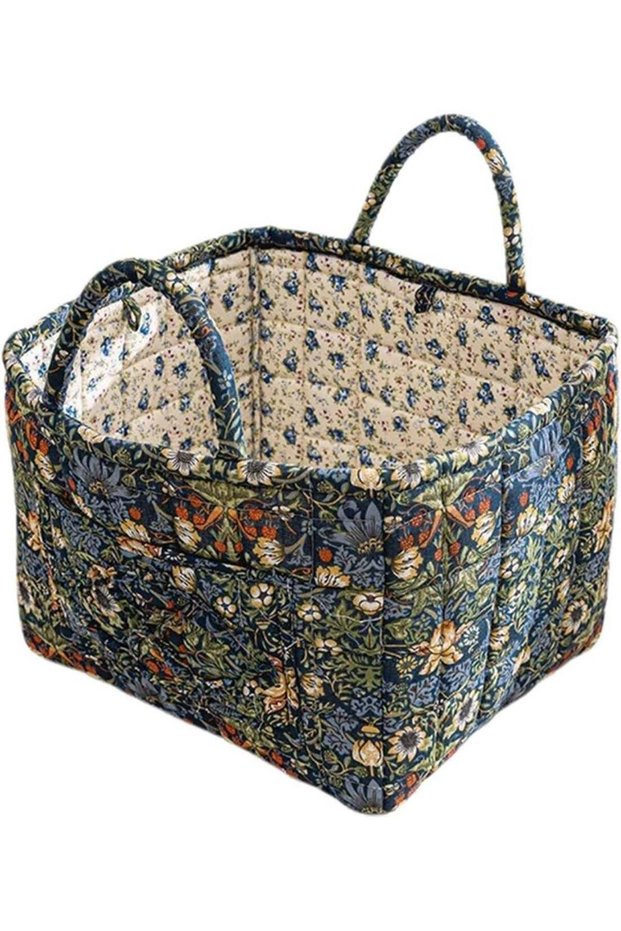 Vintage Boho Quilted Cotton Storage Basket with Handles, Foldable Olive Floral Pattern Organizer