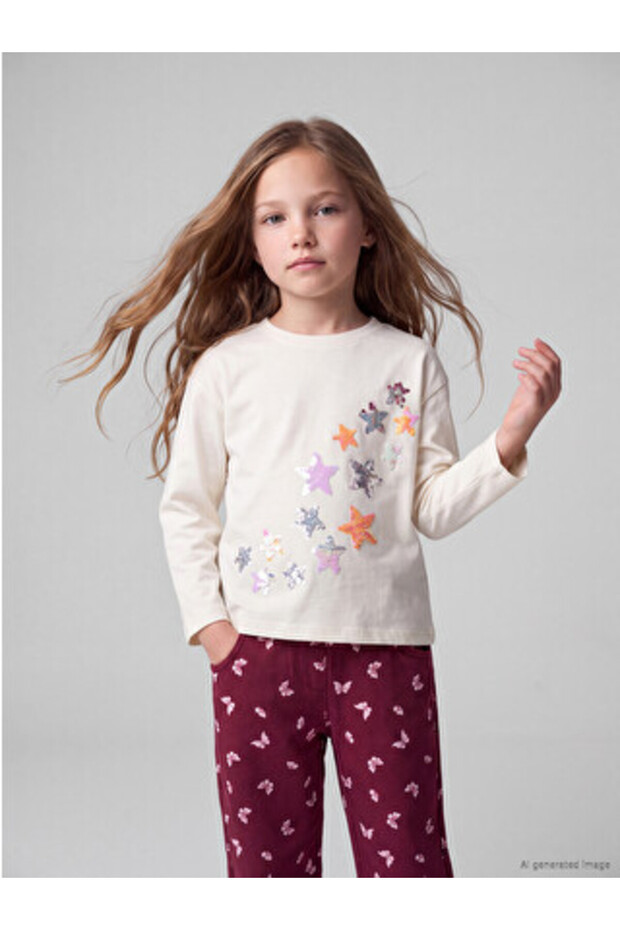 Ecru Crew Neck Sequined Girls' T-Shirt
