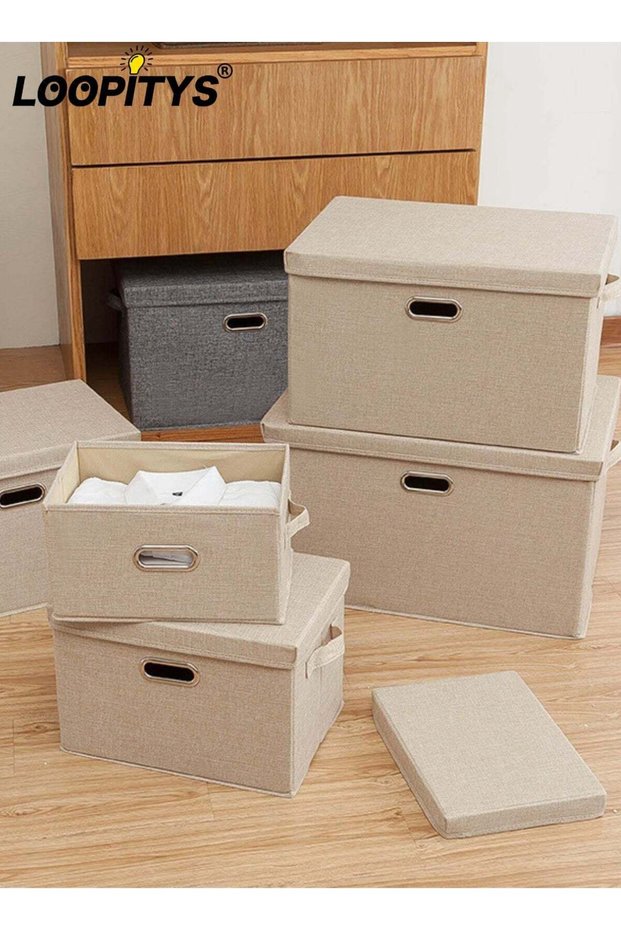 Cotton Linen Folding Storage Boxes With Lids Decorate The Handle Storage Box With Lid Environmental Protection Durable Fabric Storage For Bedroom Living Room(off-white,58*40*35cm)