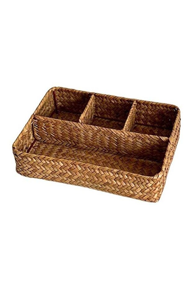 Seagrass Woven Multi-Compartment Desktop Storage Box, Coffee Table Spice Basket, 4-Compartment Tea Box, Durable Multi-Compartment Design, Home Use Woven Storage Basket