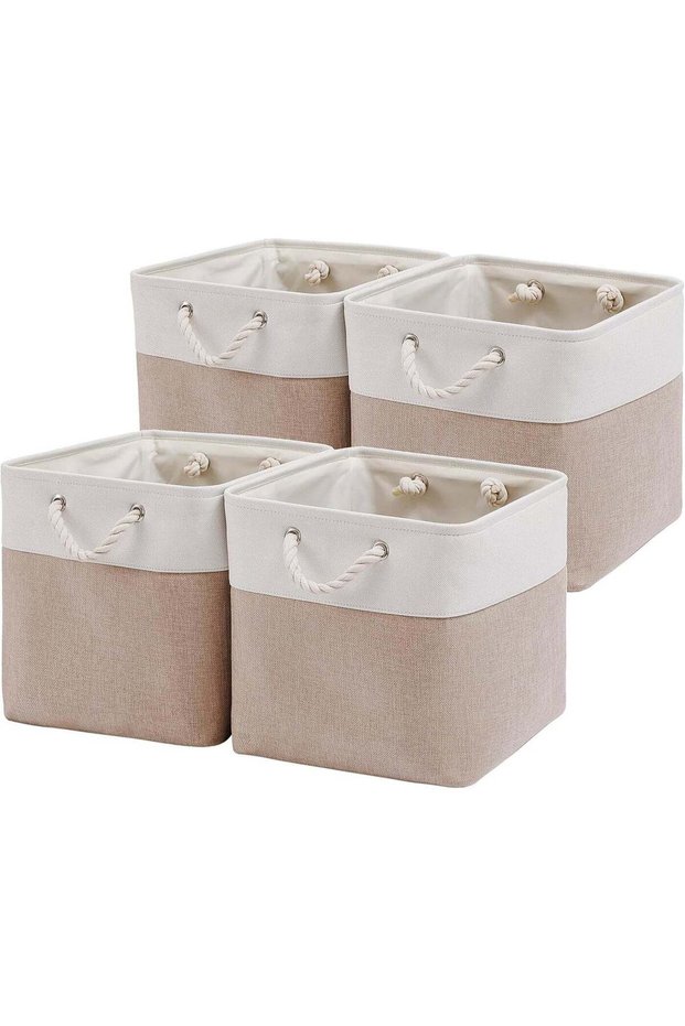 Storage Bins for Organizing (4 Pack), Extra Large Fabric Storage Baskets for Shelves with Ropes, Foldable Storage Cubes for Home, Office,Closet, Clothes, Toys Organizer(White & Beige 13x13x13 inch)