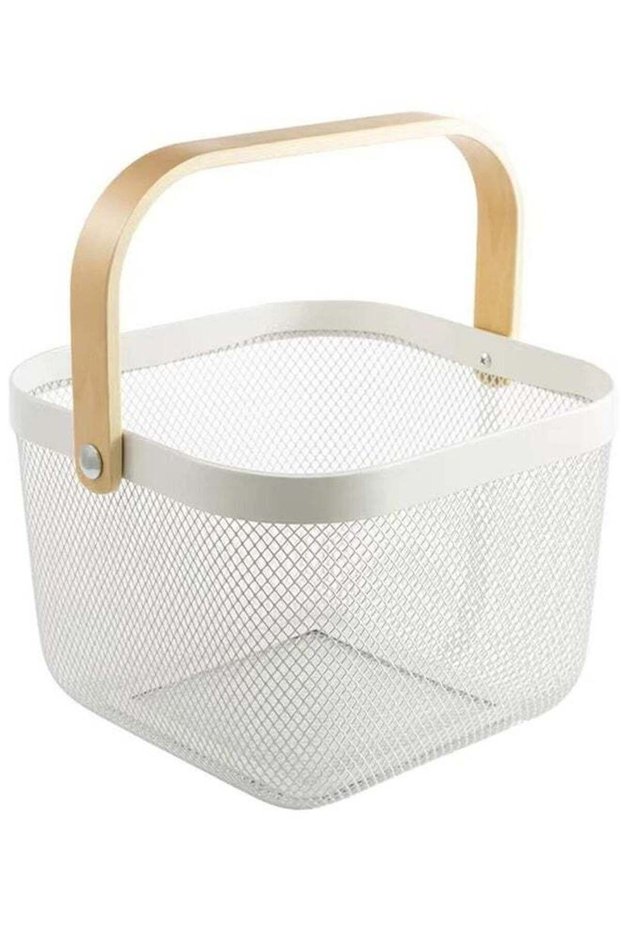 Mesh Steel Storage Organizer Basket Fruit Basket Bin with Wood Handle Ideal for Kitchen Bathroom Picnic Baskets Pantry Cabinets Storage Home Decor, White