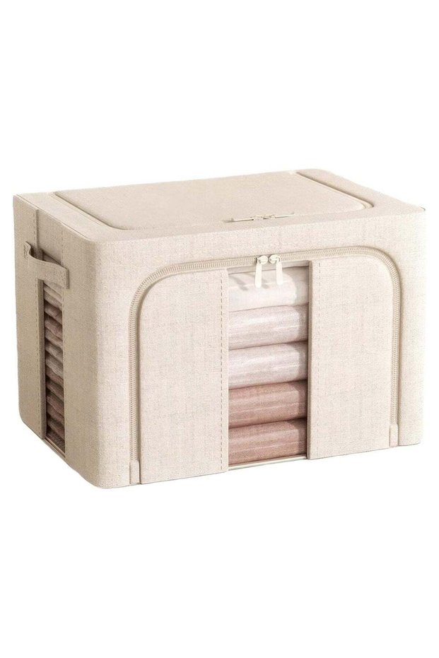 Storage box (beige, 60CM * 40CM * 42CM, Oxford cloth) with transparent window, zipper for opening, foldable storage box, stackable storage box for storing T-shirts, shoes and clothing