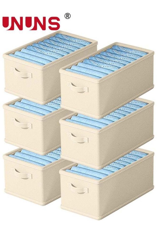 6 Pack Wardrobe Clothes Organizer,Large Size 6 Grids Closet Jean Storage Bins with Handles and Support Boards,Foldable Drawer Dividers for Sweater,Pants,T-shirt,Hoodie,Dress,Beige