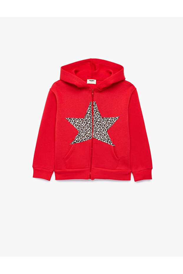 Leopard Patterned Starry Long Sleeve Hooded Sweatshirt with Zipper