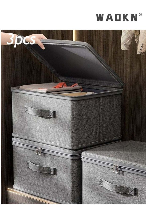 3 PCS Foldable Fabric Large Storage Boxes with Lid & Handles, Large Capacity Closet Organizer Bins with PP Board, Washable Thick Cationic Polyester Fabric Storage Containers for Clothes, Blankets, To