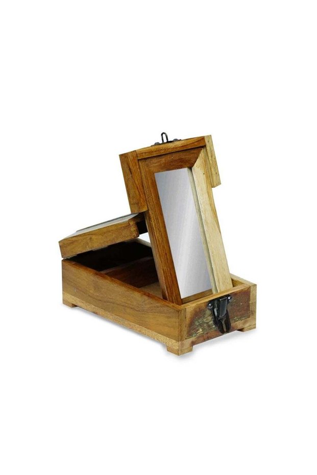 Regium Crafts Handmade Solid wood Antique Wooden Portable Barber Box of Reclaimed Wood (Old Shaving Box),Wooden Jewelry Box with Antique Colar with miror,Makup Bux.