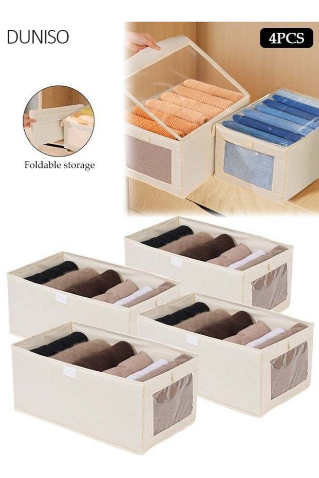 4 Pcs Wardrobe Clothes Organizer with Transparent dust cover ,Washable Cotton and Linen Stable Stacking Collapsible Basket with Transparent Window and Cover for Closet Organizers and Storage ,Efficie