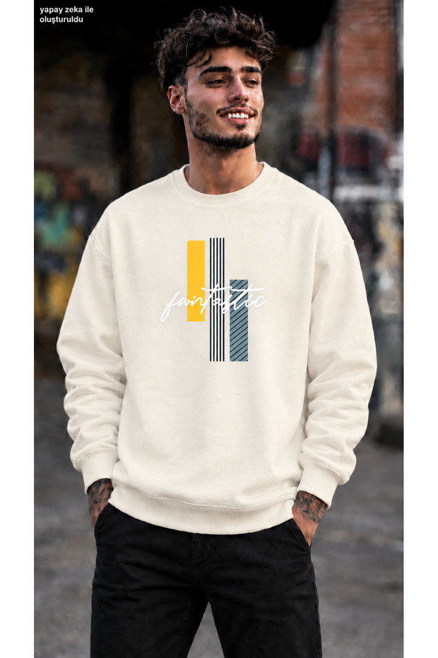 Men's Geometric Patterned and Fantastic Written Crew Neck Casual Regular Fit Sweatshirt