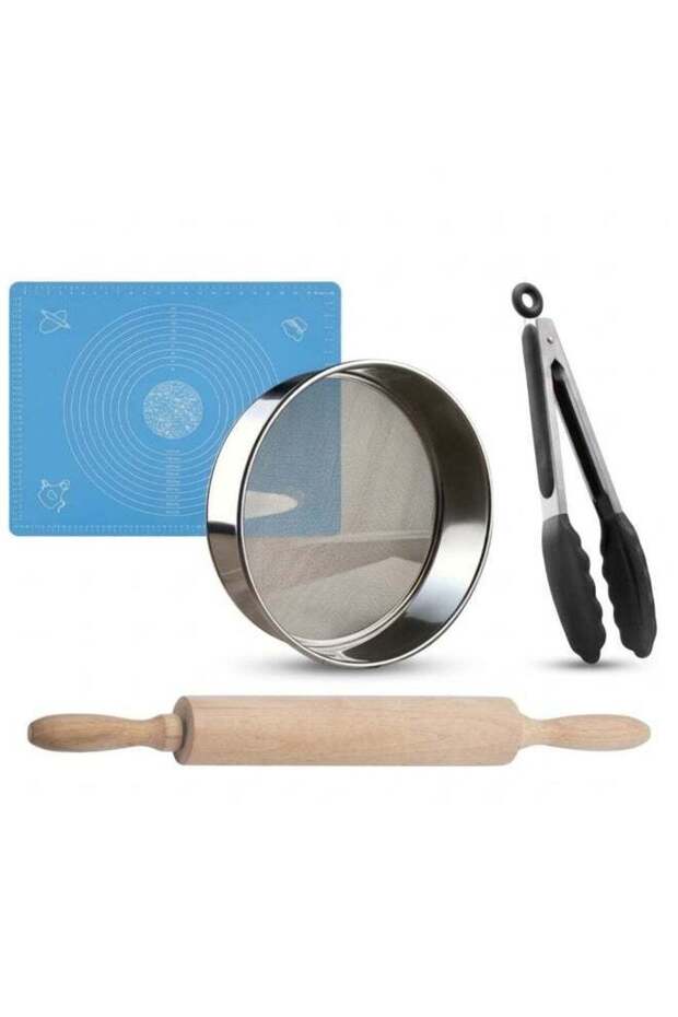 4-Piece Baking Tools Set, Dough & Pastry Kit with Silicone Baking Mat, Wooden Rolling Pin, Stainles