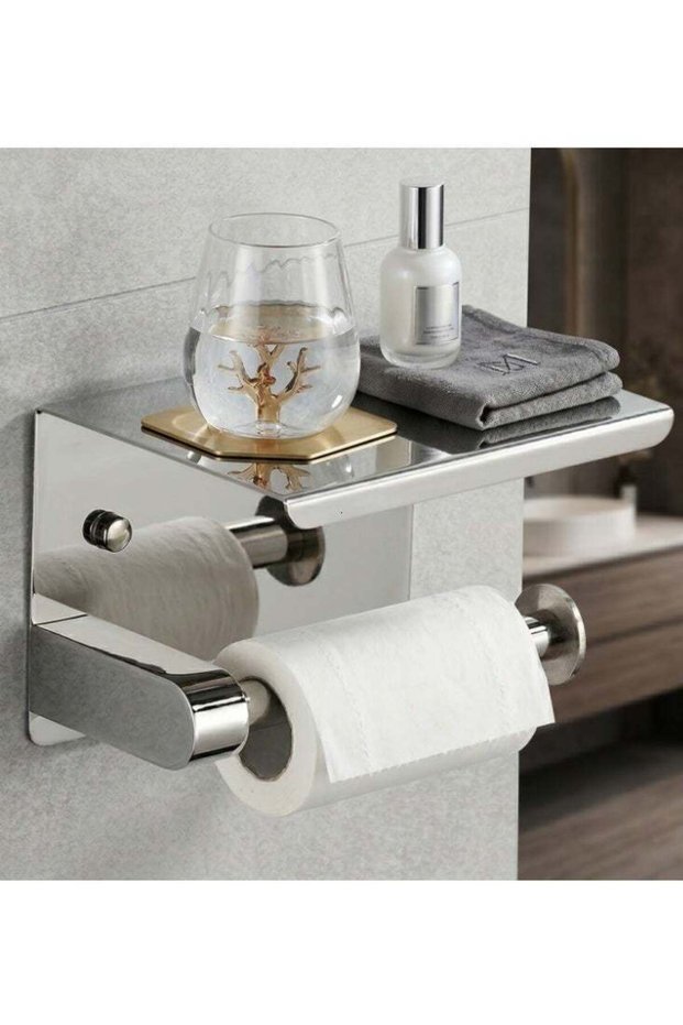 Toilet Paper Holder with Shelf, No-Drill Wall Mounted Toilet Roll Holder with Shelf, SUS304 Stainle