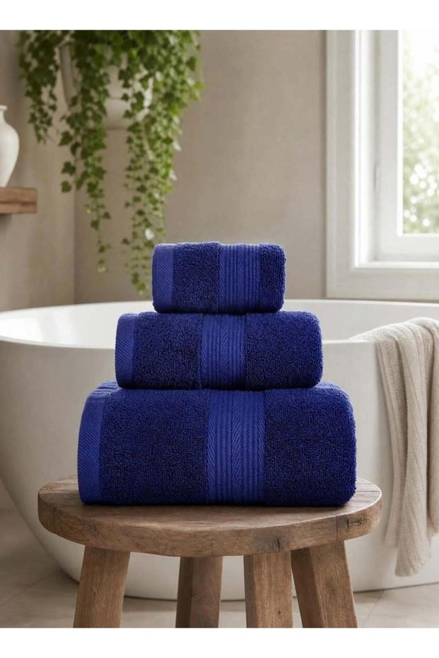 Pack Of 3 - Plain Bath Towels, Navy Blue - 34X34Cm, 35X75Cm, 70X140Cm
