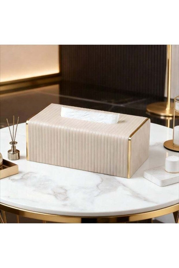 Modern PU Leather Tissue Box Cover, Rectangular Decorative Tissue Holder with Gold Trim, Striped Te